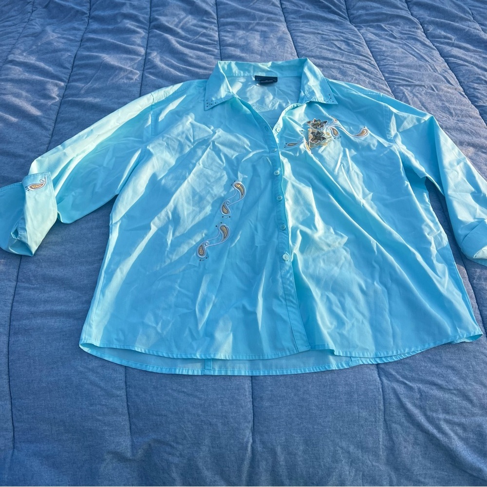 Vintage Las Olas Light Blue Button Up Shirt With Gold Appliqué Size 1X